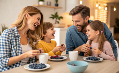 une famille qui mange des myrtilles riches en flavonoïdes