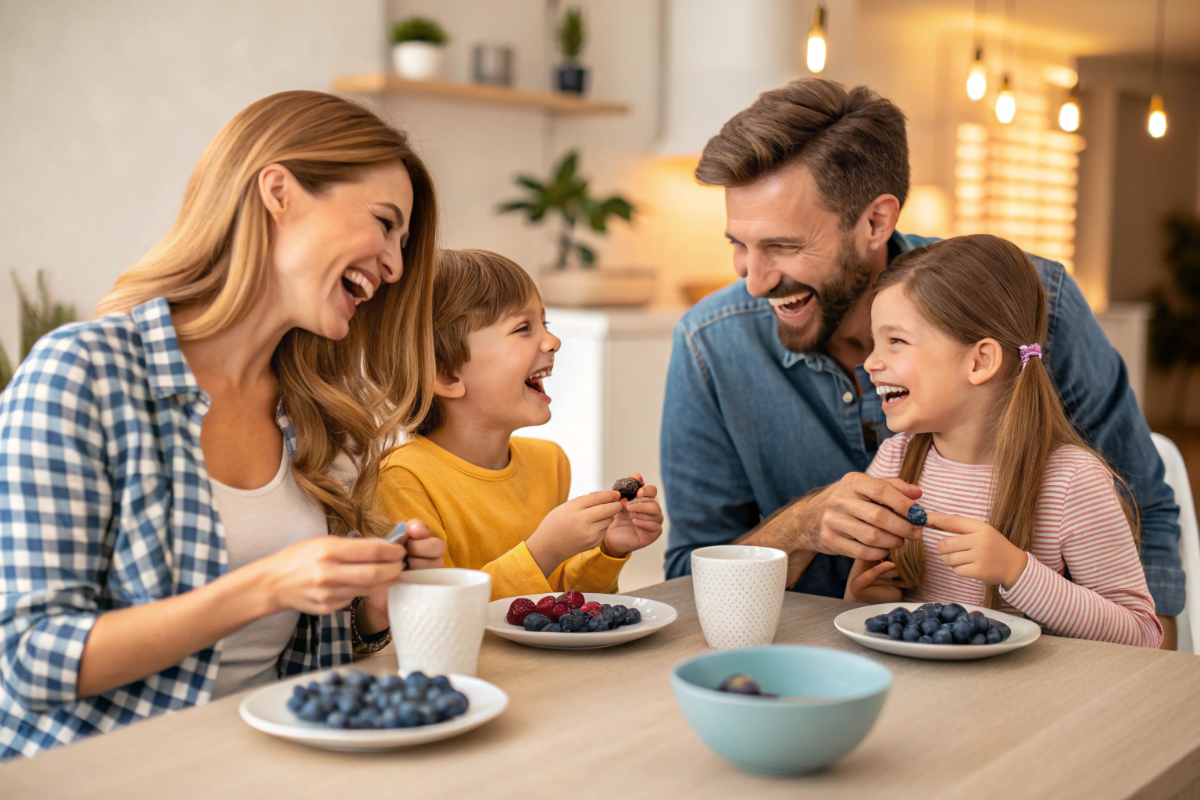 une famille qui mange des myrtilles riches en flavonoïdes