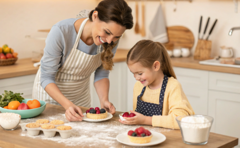une femme et sa fille qui font des mini-tartelettes