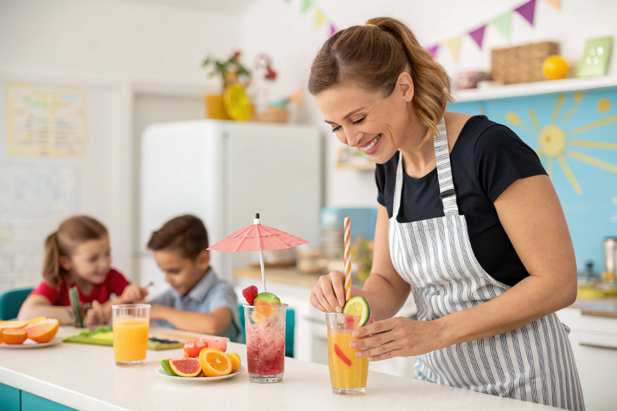 une femme qui prépare le cocktail des enfants