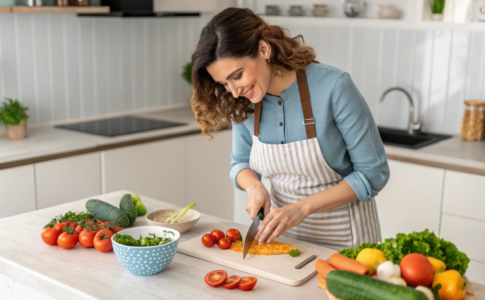 une femme qui prépare un repas pour son régime végétalien