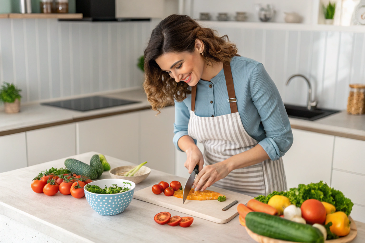 une femme qui prépare un repas pour son régime végétalien