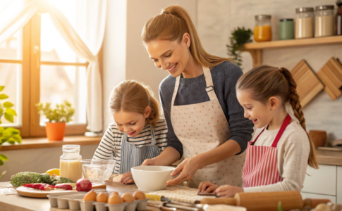 une jeune femme et ses enfants qui suivent des recettes en cuisine