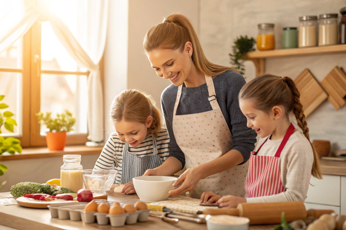 une jeune femme et ses enfants qui suivent des recettes en cuisine