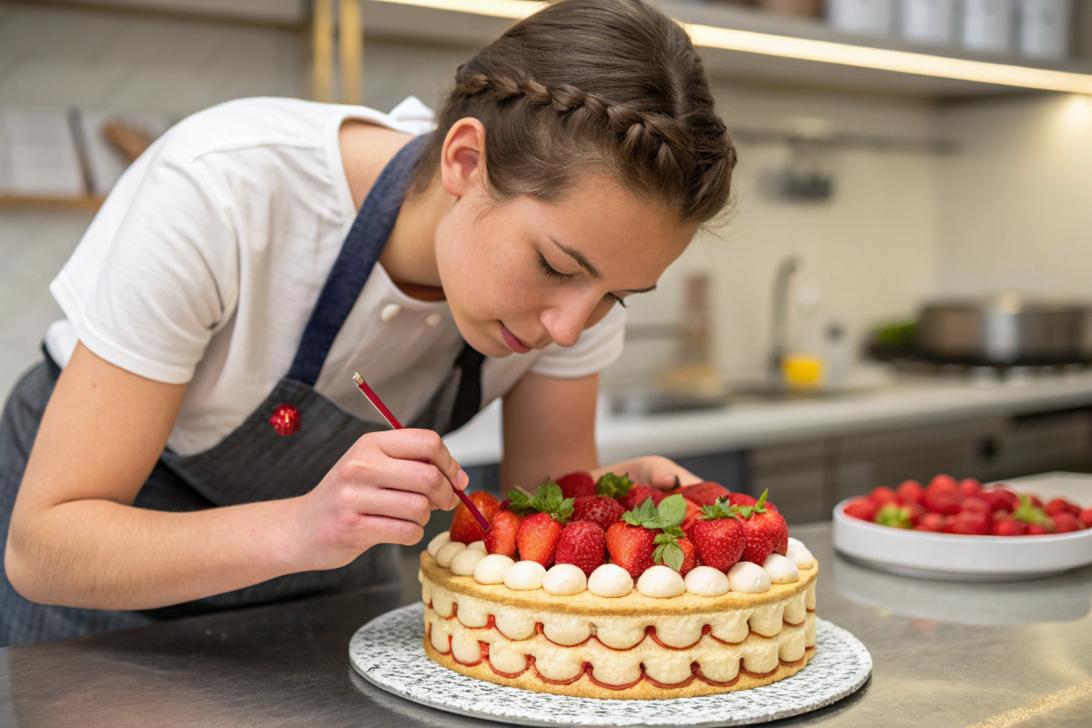une jeune femme qui prépare un fraisier revisité