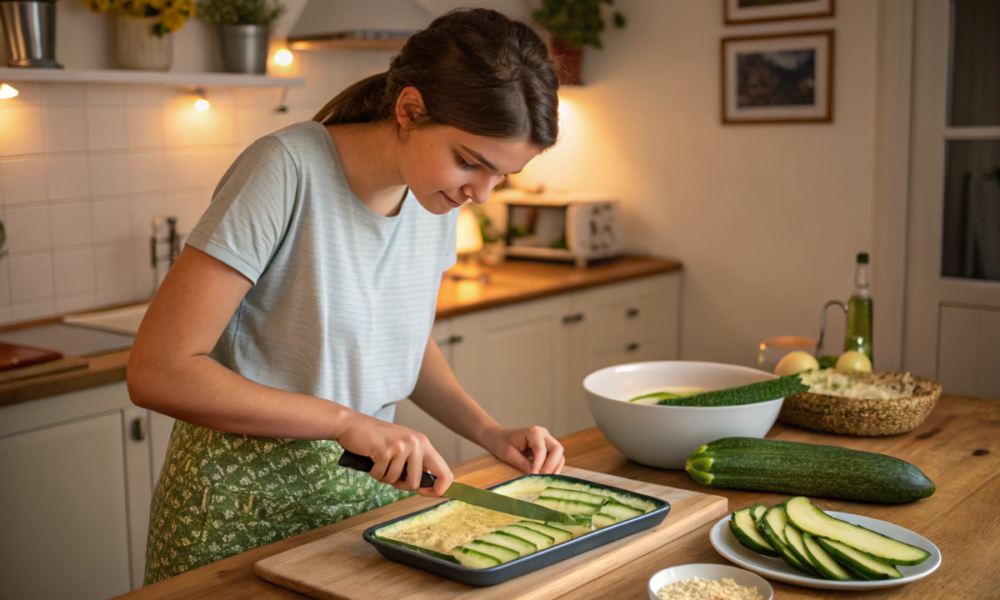 une jeune femme qui prépare un gratin de courgettes