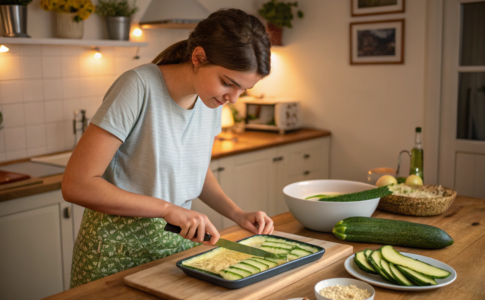 une jeune femme qui prépare un gratin de courgettes