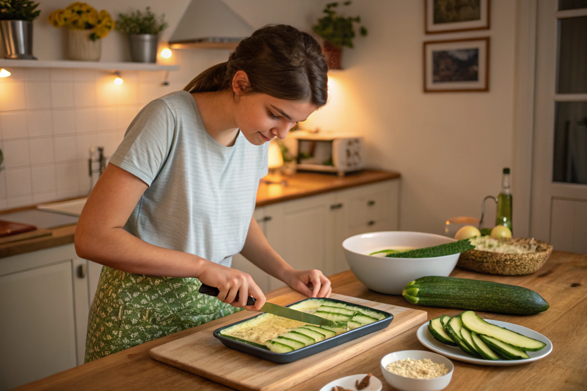 une jeune femme qui prépare un gratin de courgettes