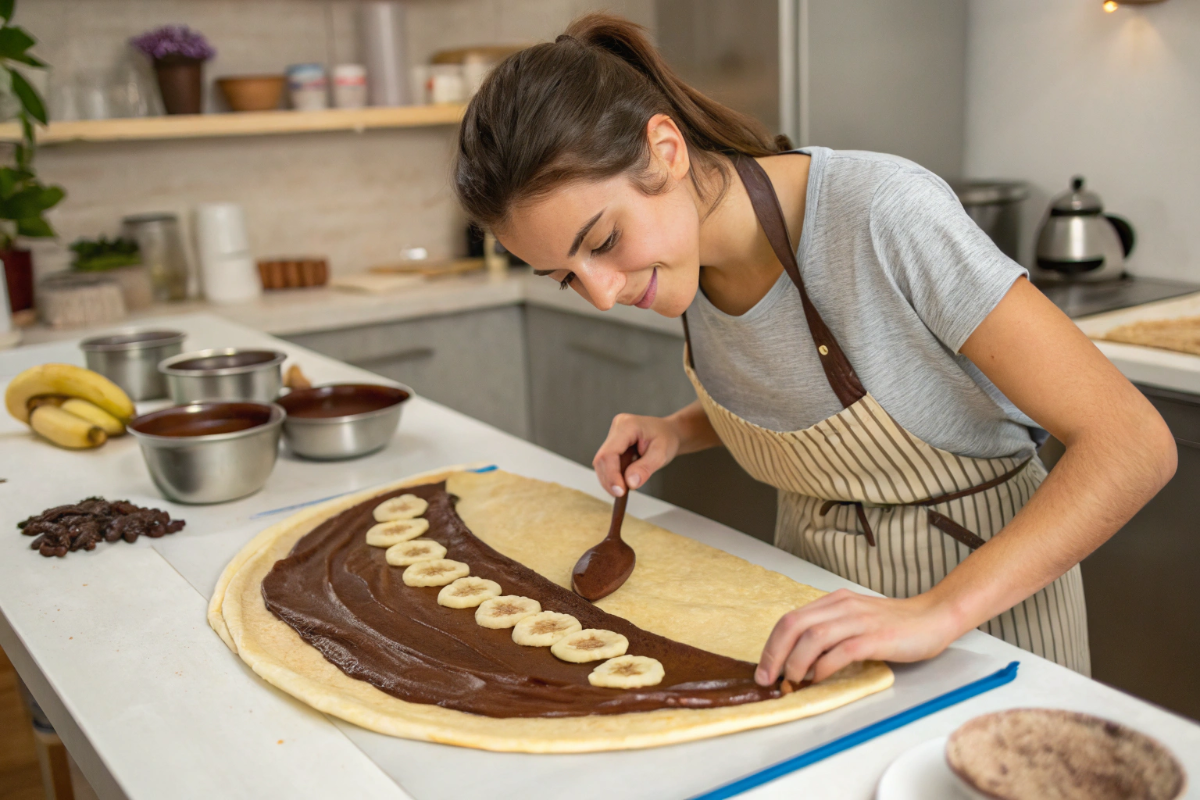 une jeune femme qui prépare une crêpe choco-banane géante
