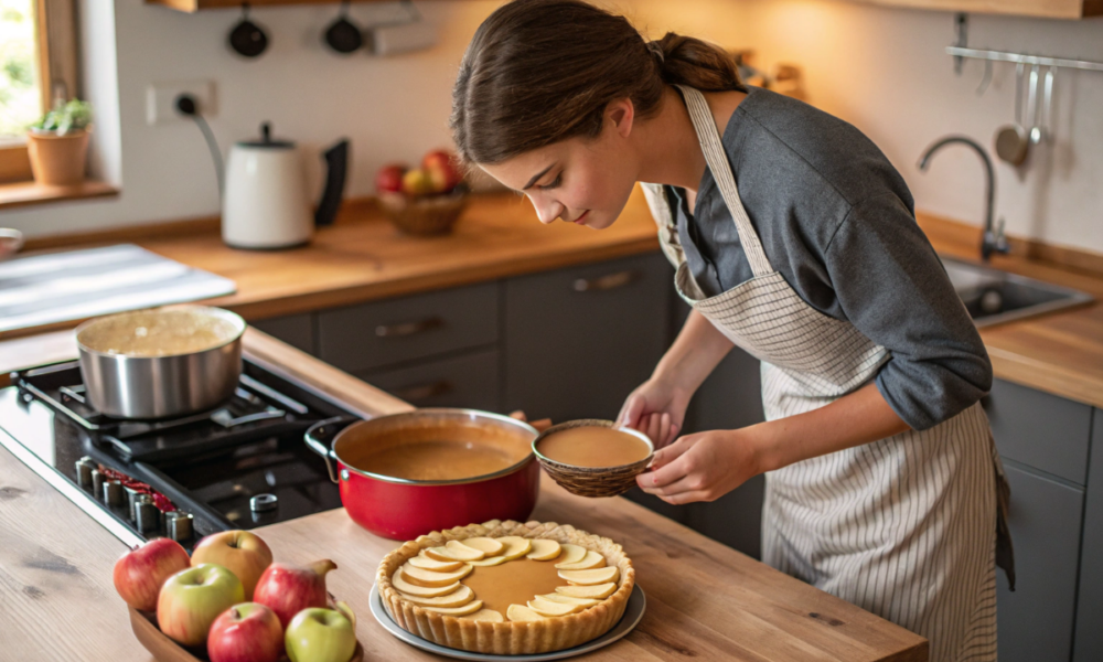 une jeune femme qui prépare une tarte aux pommes caramel