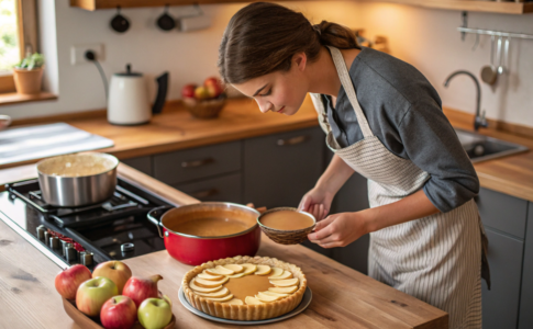 une jeune femme qui prépare une tarte aux pommes caramel