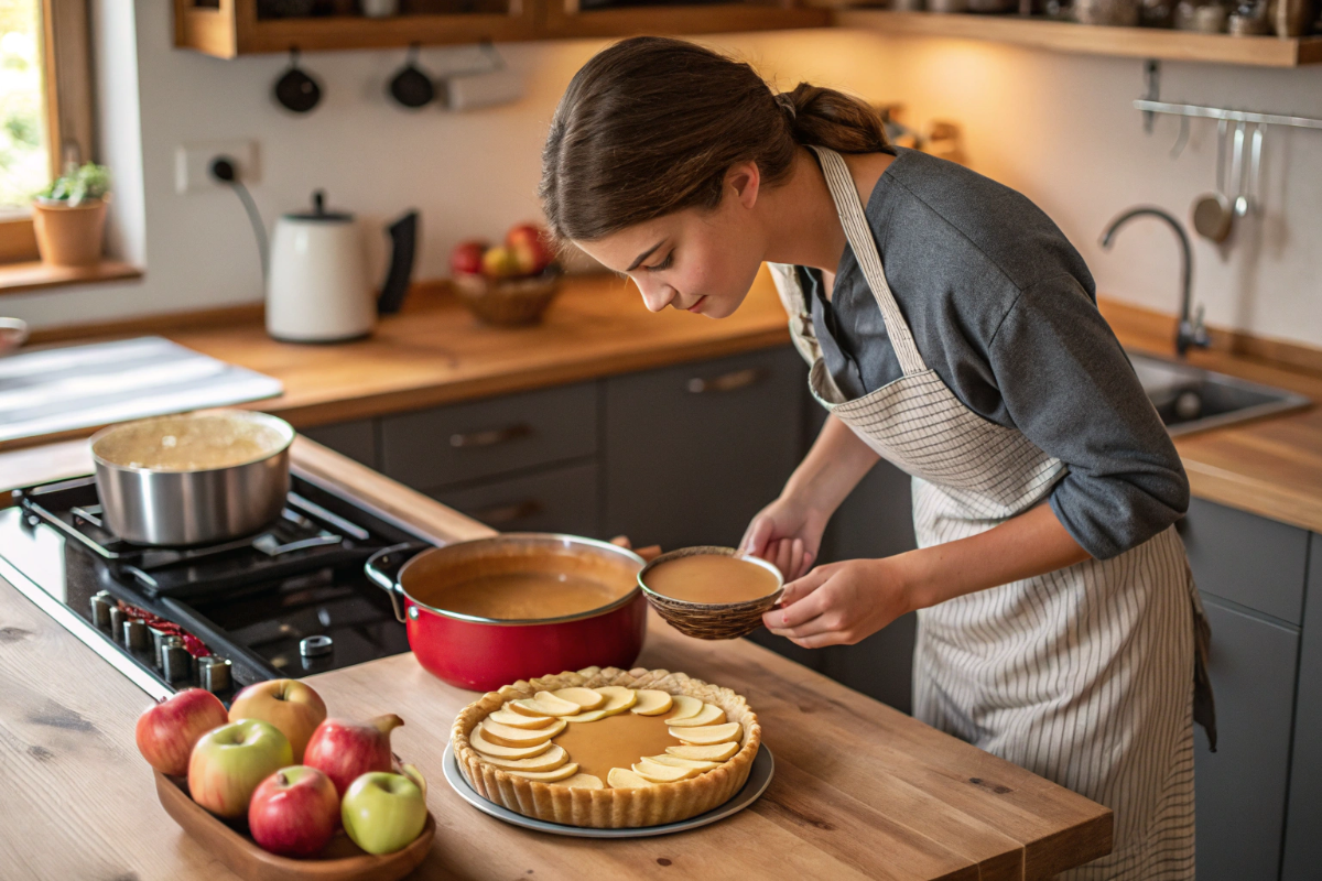 une jeune femme qui prépare une tarte aux pommes caramel