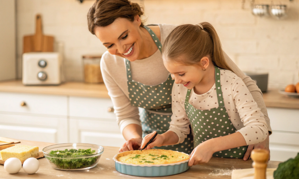 une maman et sa fille qui préparent la quiche des 3 petits cochons