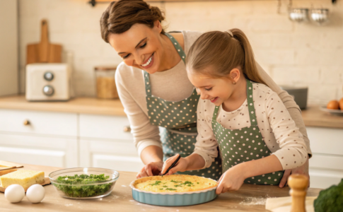 une maman et sa fille qui préparent la quiche des 3 petits cochons