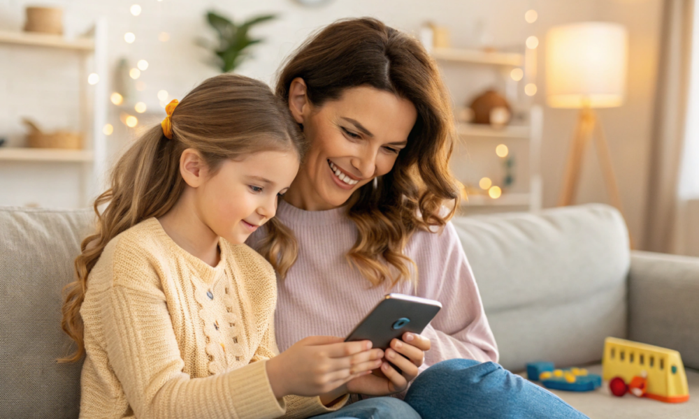 une maman et sa fille qui regardent une bande annonce sur un smartphone