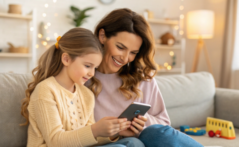 une maman et sa fille qui regardent une bande annonce sur un smartphone