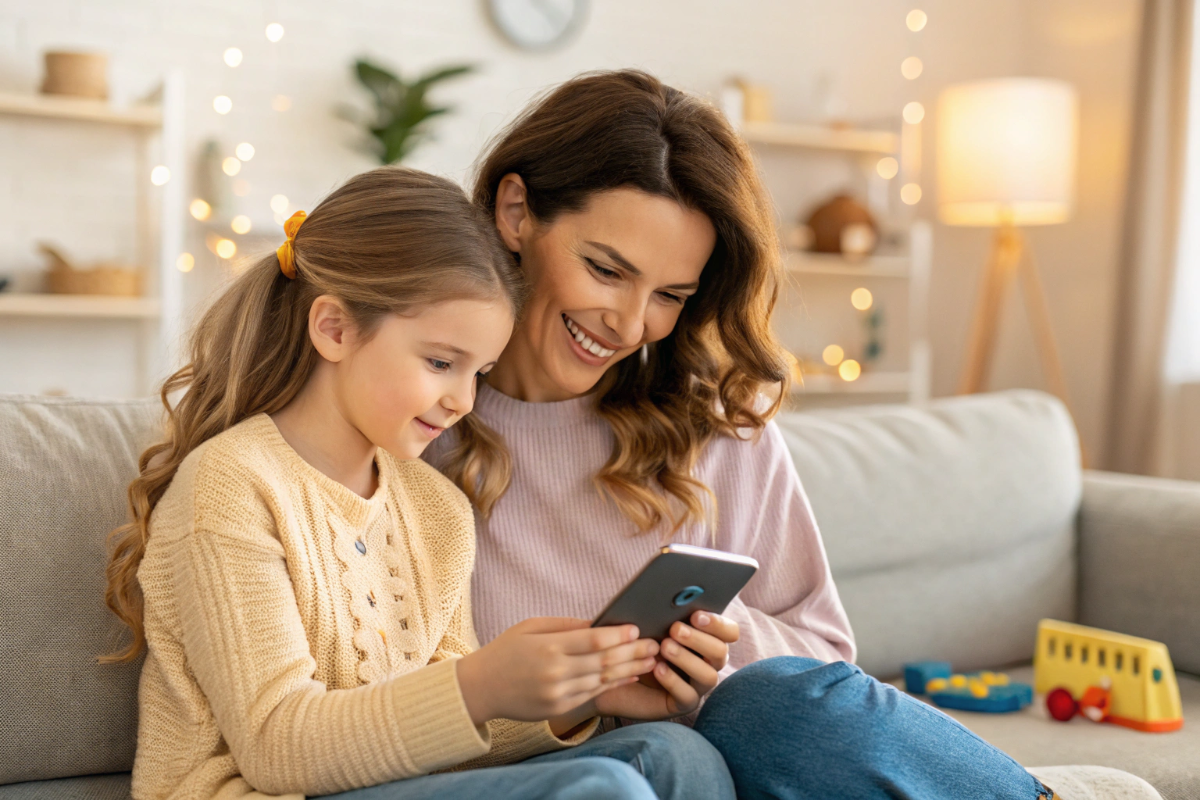 une maman et sa fille qui regardent une bande annonce sur un smartphone