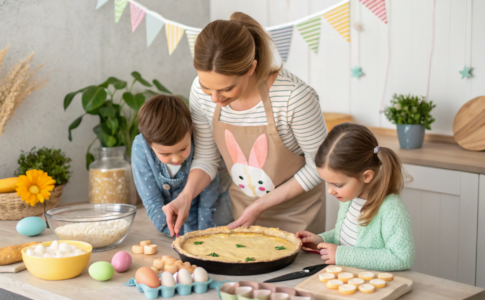 une maman et ses enfants qui préparent une quiche lapin de Pâques