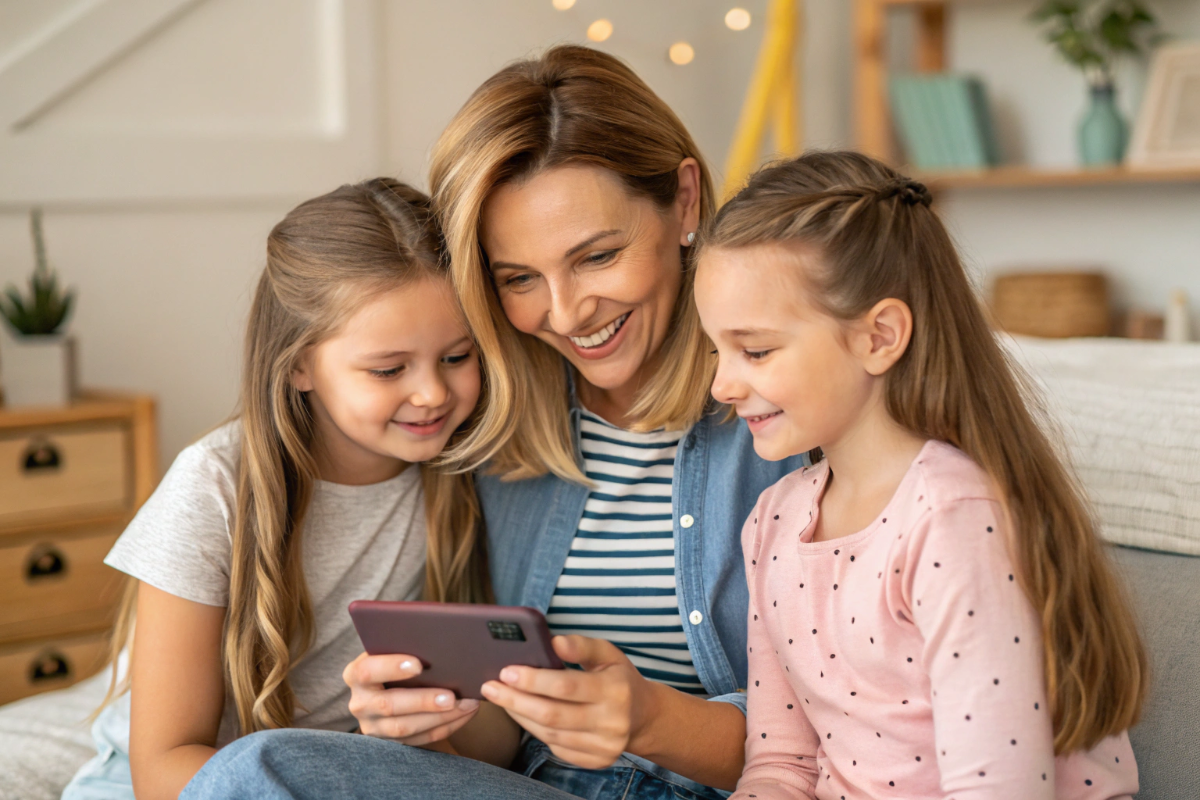 une maman et ses filles qui regardent une bande annonce sur un smartphone