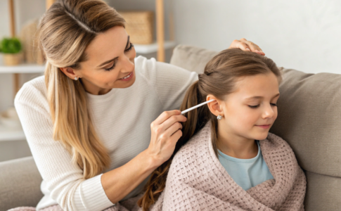une maman qui enlève du cérumen de l'oreille de sa fille