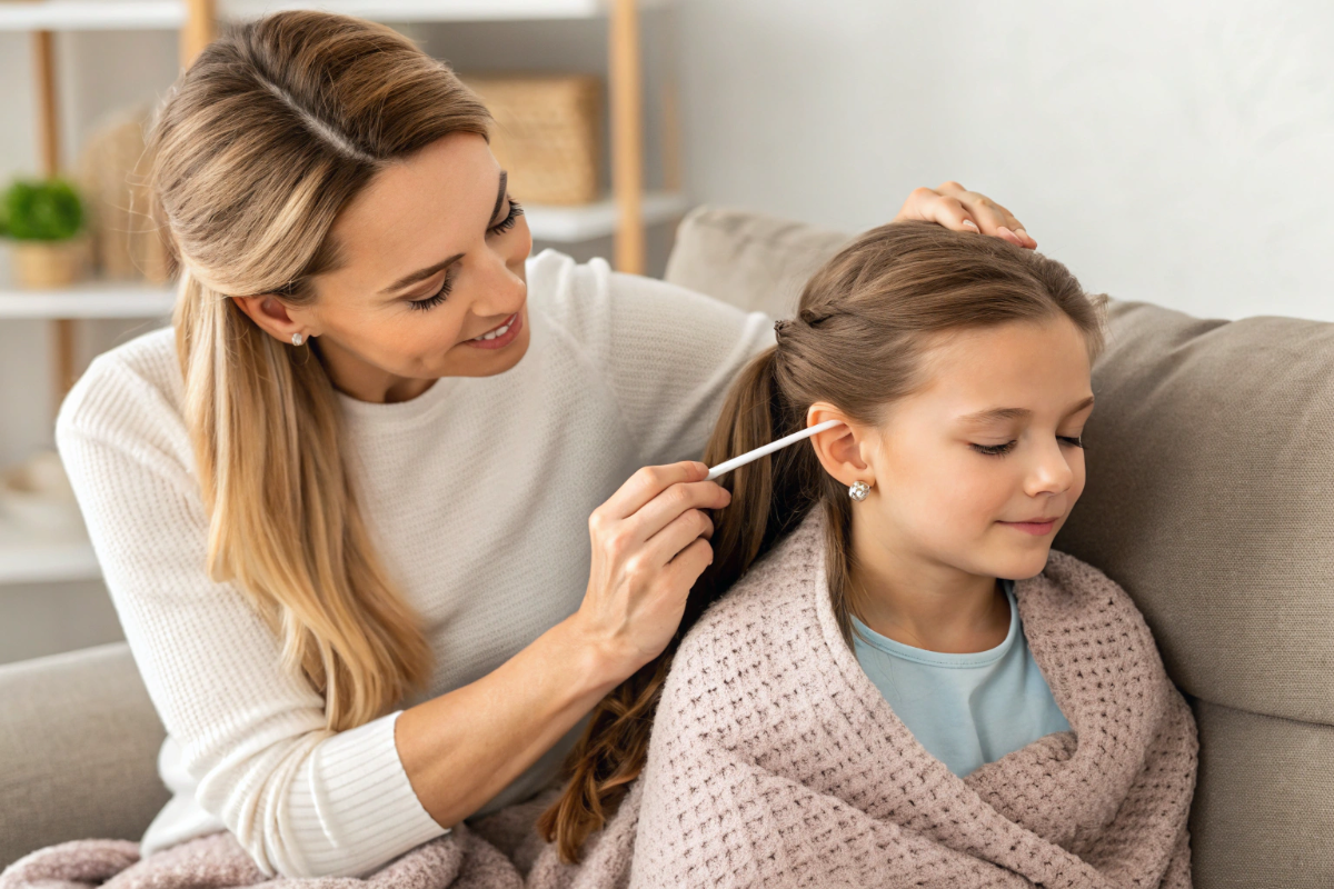une maman qui enlève du cérumen de l'oreille de sa fille