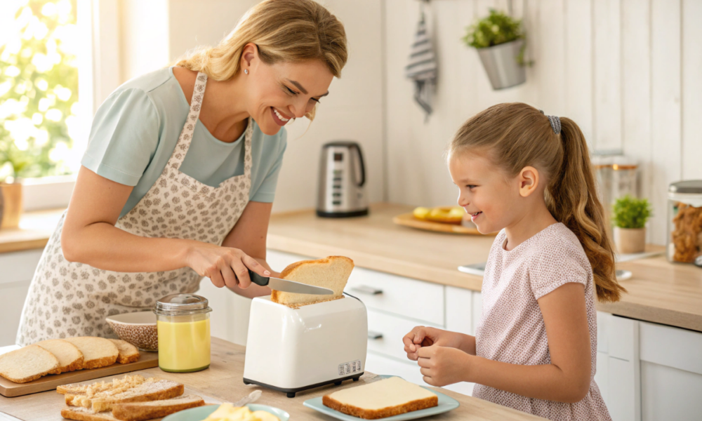 une maman qui prépare un toast au beurre pour sa fille
