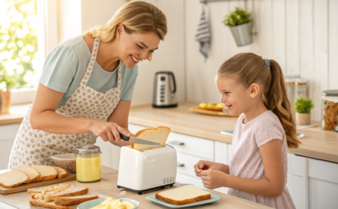 une maman qui prépare un toast au beurre pour sa fille
