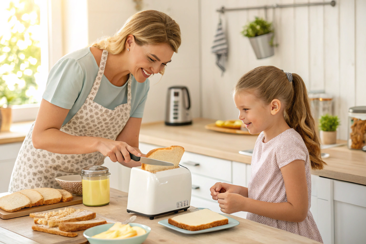 une maman qui prépare un toast au beurre pour sa fille