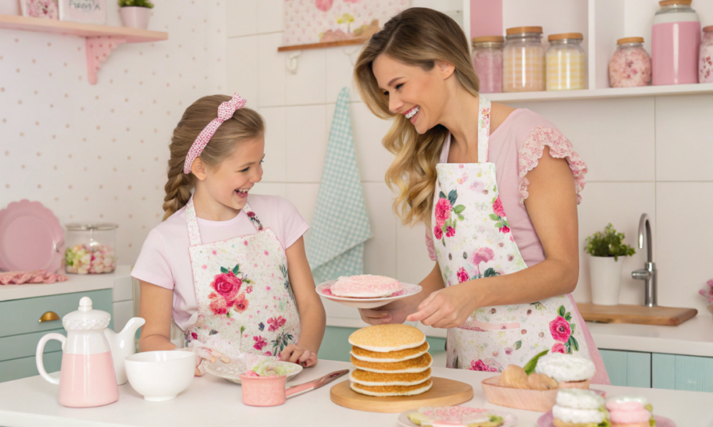 une mère et sa fille qui font des pancakes girly