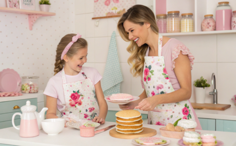 une mère et sa fille qui font des pancakes girly