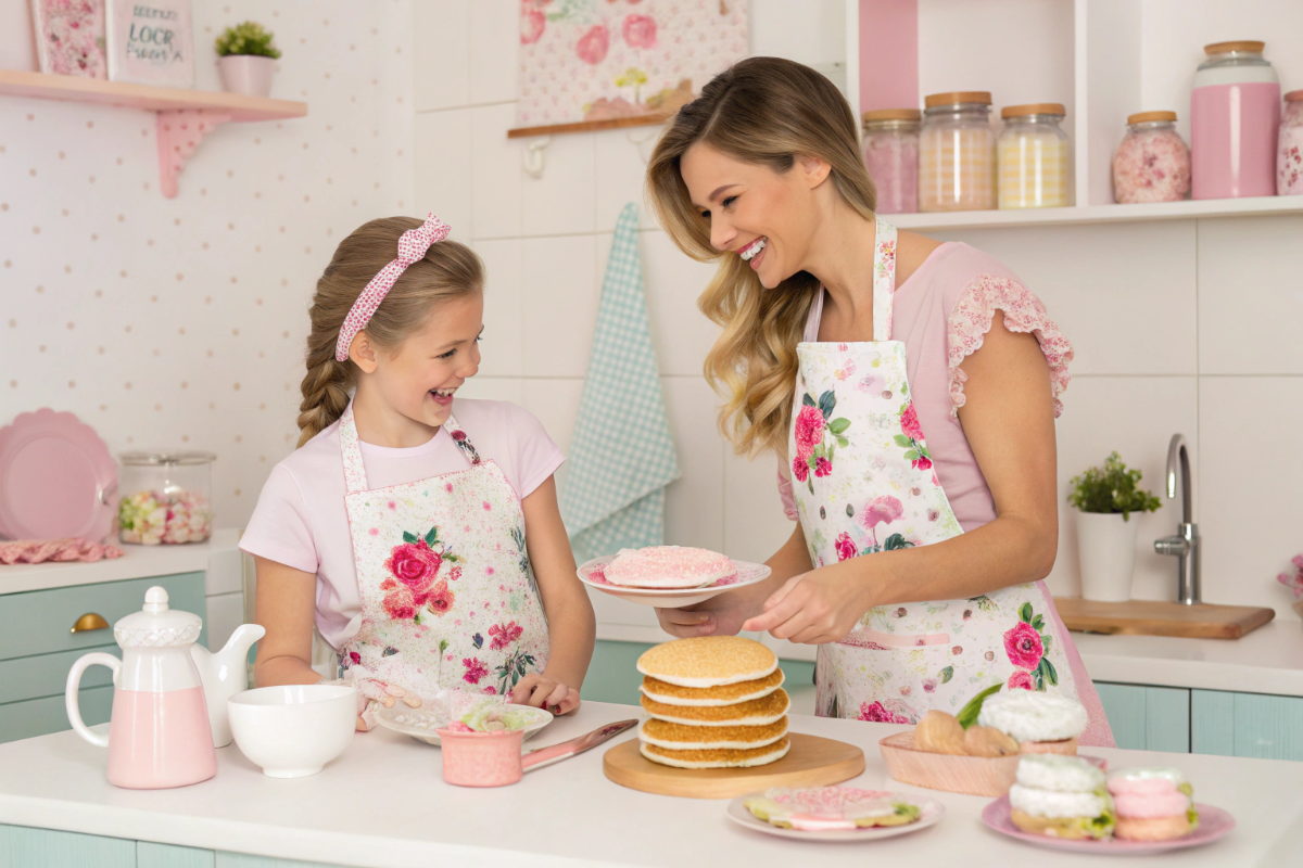 une mère et sa fille qui font des pancakes girly