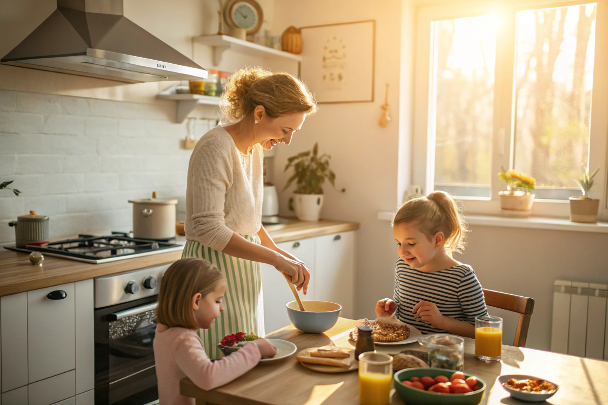 une mère et ses enfants qui préparent le petit déjeuner