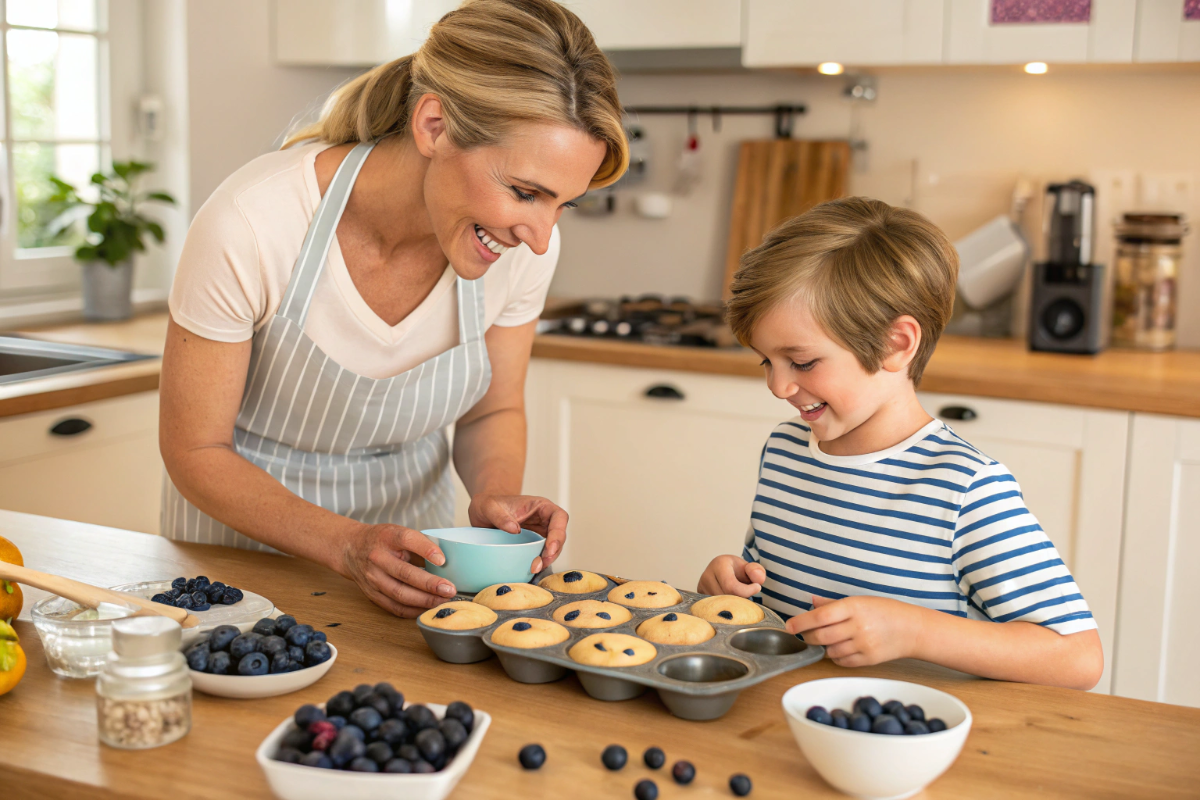 une mère et son fils qui préparent des muffins oursons à la myrtille