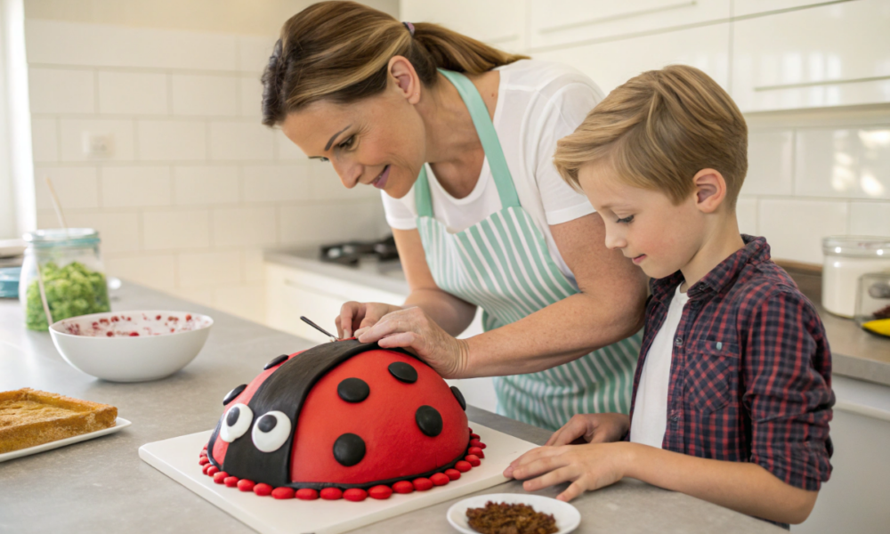 une mère et son fils qui préparent un gâteau coccinelle