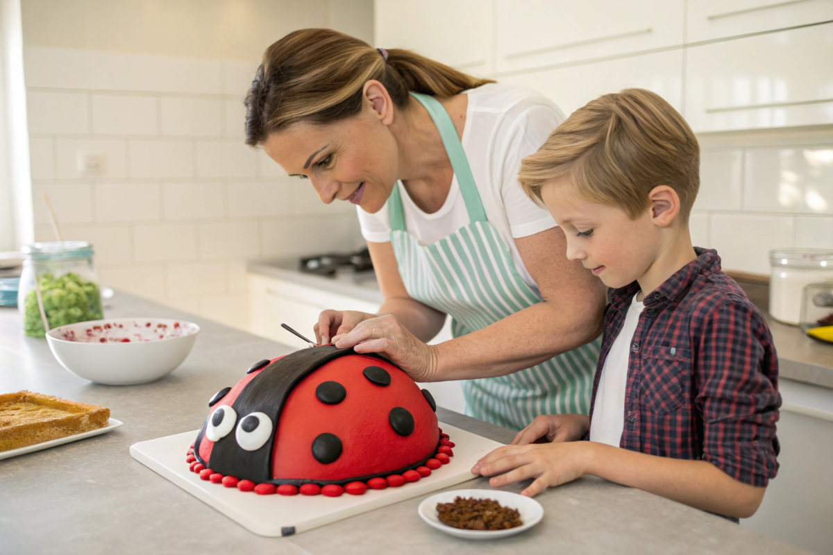 une mère et son fils qui préparent un gâteau coccinelle