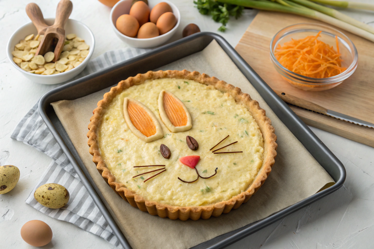 une quiche lapin de Pâques en préparation