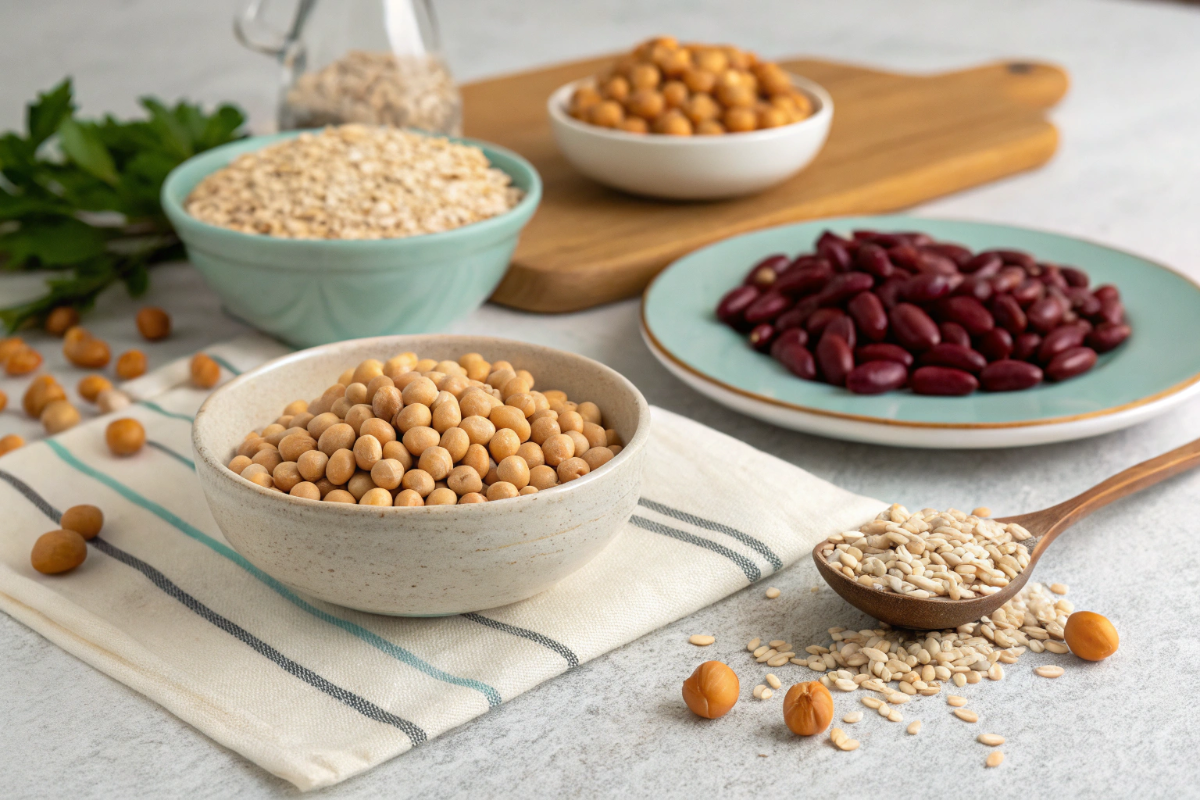 une table avec de l'avoine, des haricots et des pois chiches (des aliments qui favorisent la santé cérébrale)