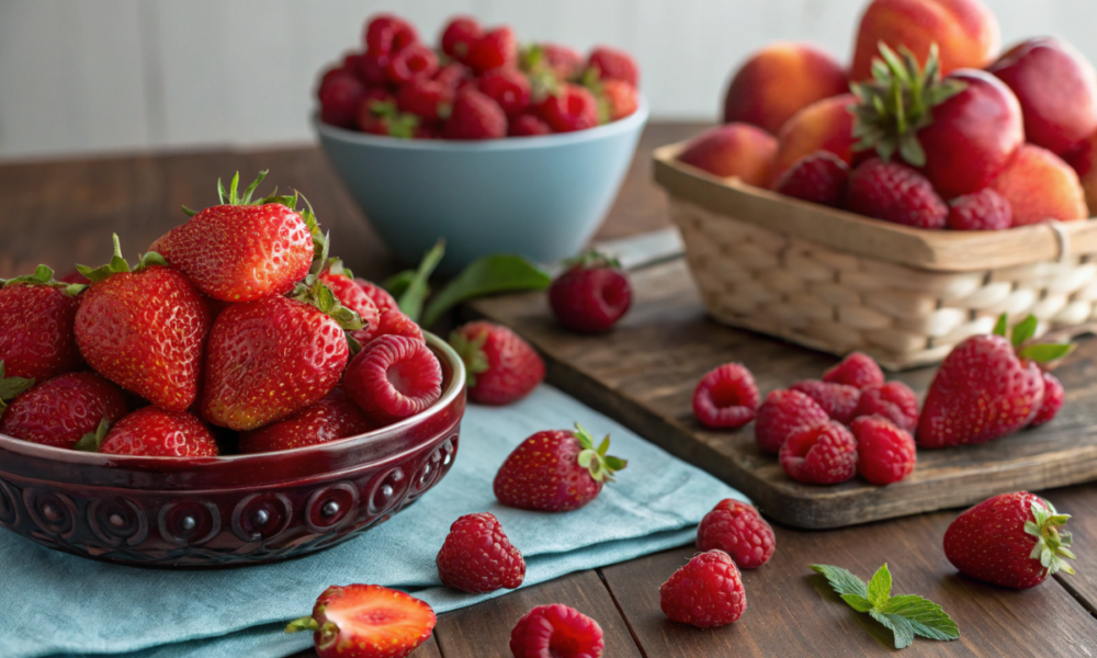 une table avec des fruits rouges (des aliments qui favorisent la santé cérébrale)