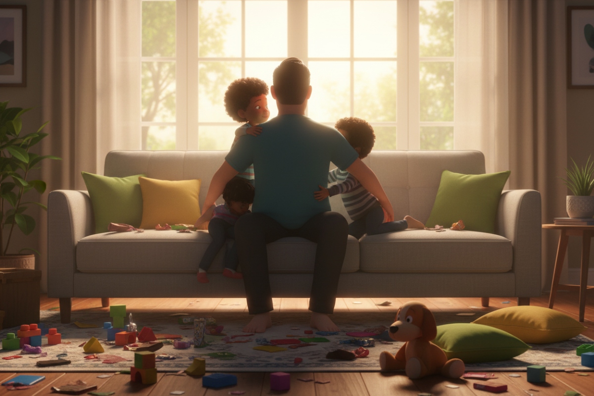 Silhouettes d'un papa et ses enfants blottis ensemble  