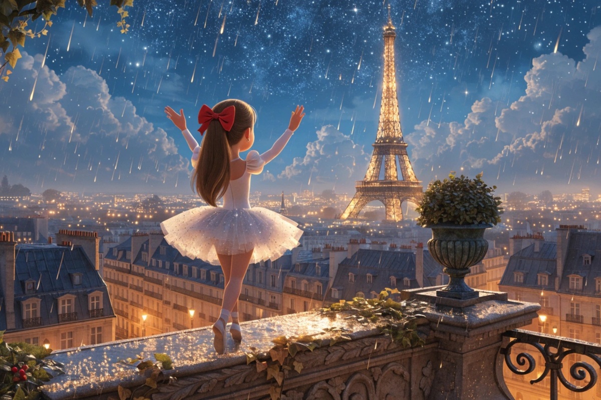 Petite ballerine en tutu sur les toits de Paris nuit étoilée