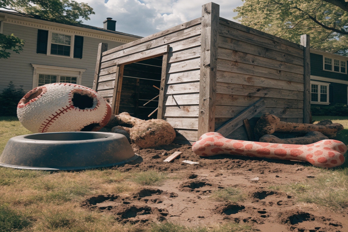 Une niche de chien géante en bois renversée dans un jardin