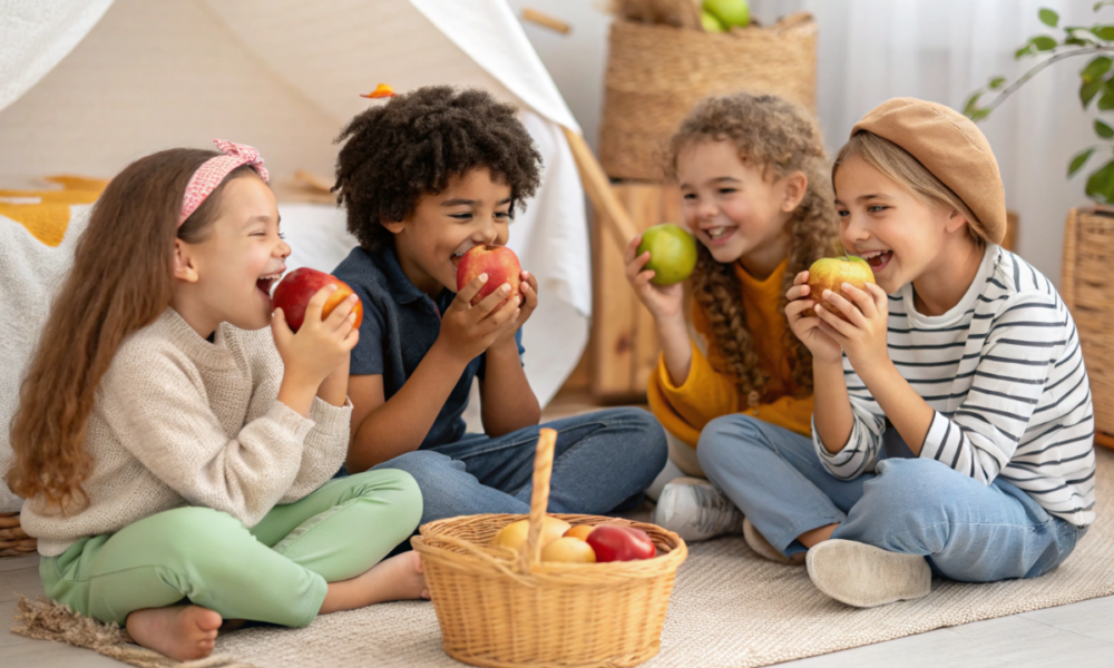 des enfants qui mangent chacun une pomme