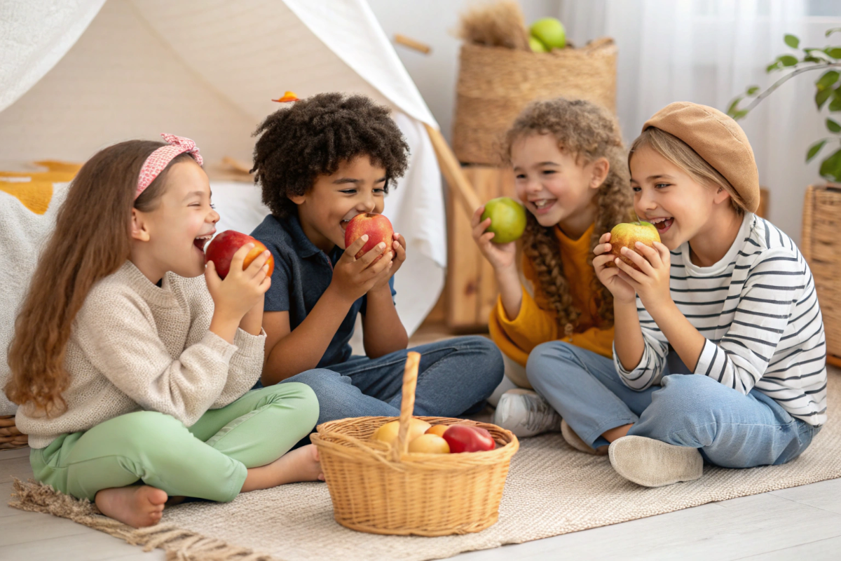 des enfants qui mangent chacun une pomme