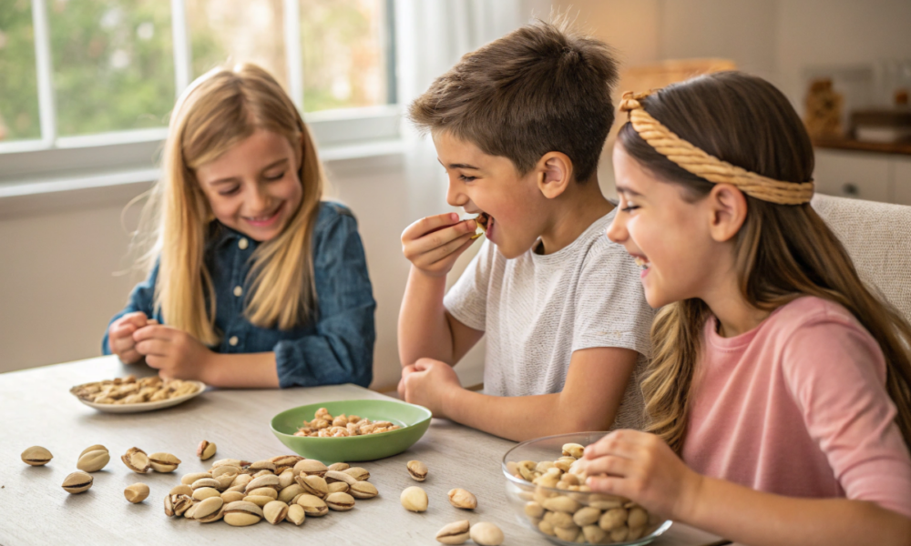 des enfants qui mangent des pistaches