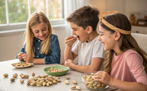 des enfants qui mangent des pistaches