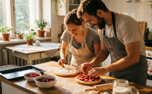 des parents qui préparent un cheesecake roulé aux fruits rouges