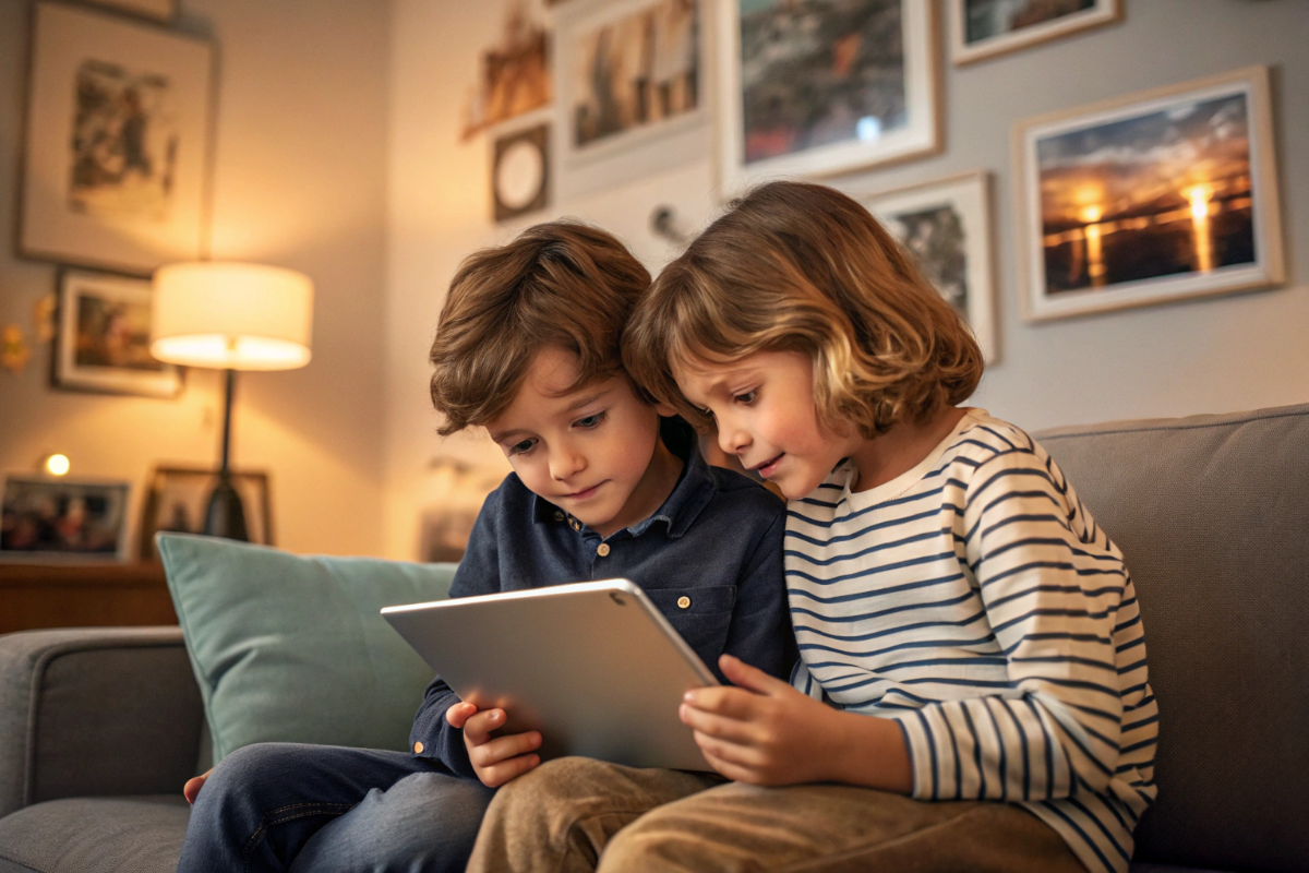 deux enfants qui regardent une bande annonce sur tablette