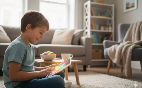 enfant de 5 à 7 ans jouant à un jeu comme Right Trick