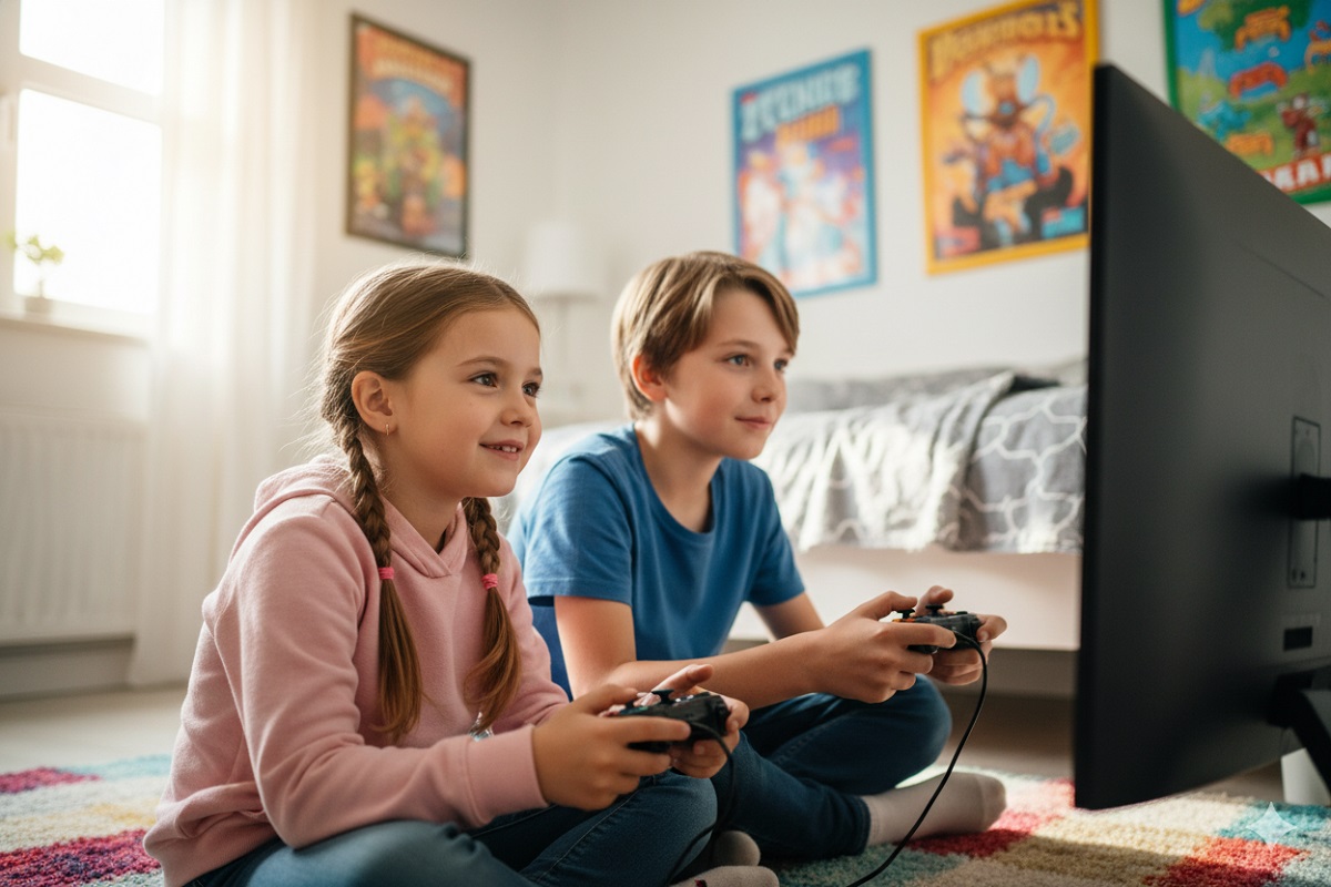 enfants jouant à des jeux vidéo coopératifs 