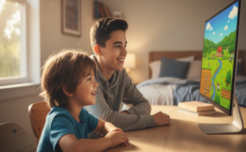 Deux frères qui jouent ensemble à un jeu de simulation